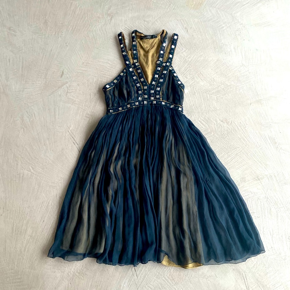 Anthropologie Blank London gold black embroidered sheer mesh layer dress Wedding